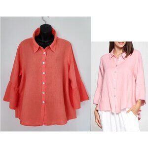 Pure Match USA Peach Linen Collared Button Bell Sleeve Shirt Effortless Sz L